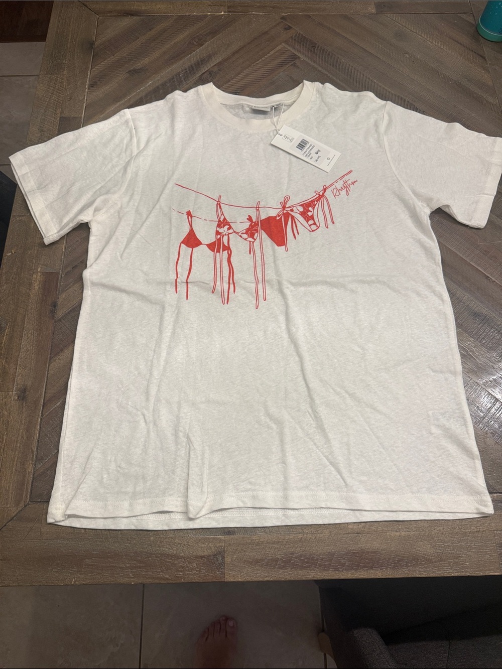 Rhythm oversized White Graphic Tee with Red Bikini Clothesline Print